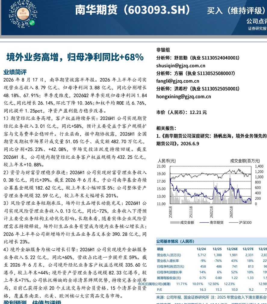 **图1. 南华期货(603093.SH)：买入（维持评级）**