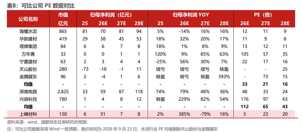 **图11. 表 8: 可比公司 PE 数据对比**