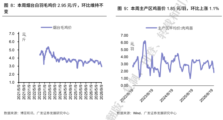 **图3. 本周烟台白羽毛鸡价 2.95 元/斤,环比维持不**