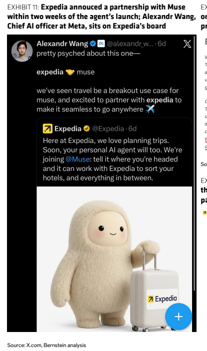 **图8. Expedia在该智能体发布两周内宣布与Muse建立合作，Meta首席AI官Alexandr Wang是其董事会成员**