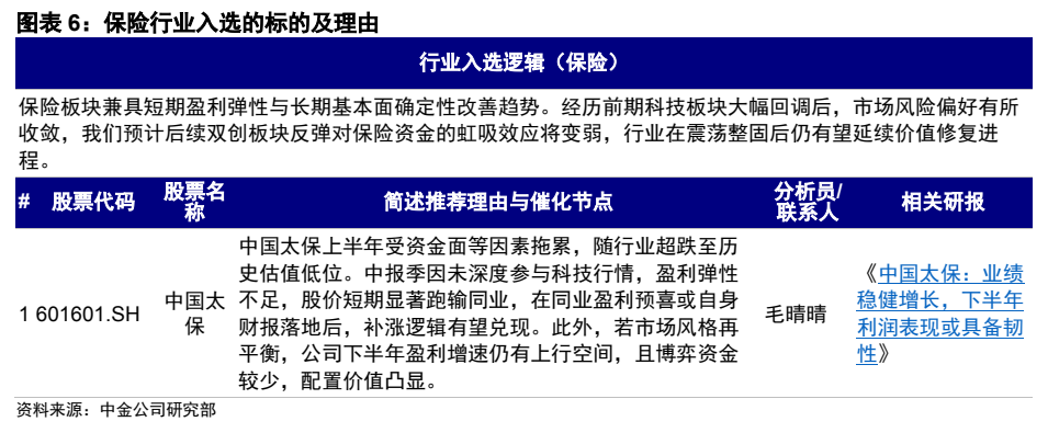 **图6. 图表 6: 保险行业入选的标的及理由**